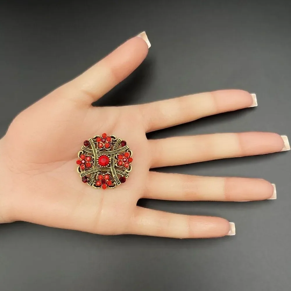 Yellow Gold with Ruby Red and Garnet Red Crystal Flower Pin Back Brooch
